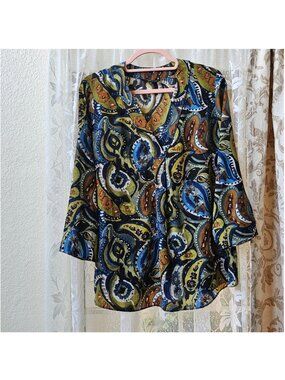 Lafayette 148 V-Neck Long Sleeve Libby Printed 100% Silk Blouse Tunic, M